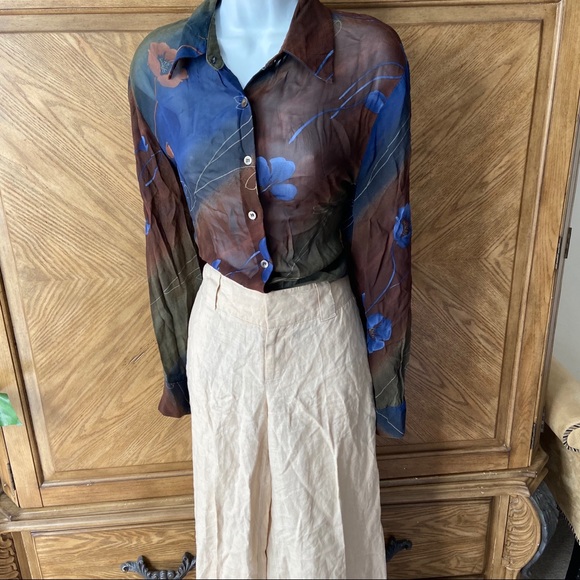 Georgiou Vintage brown blue floral sheer blouse - Picture 4 of 9